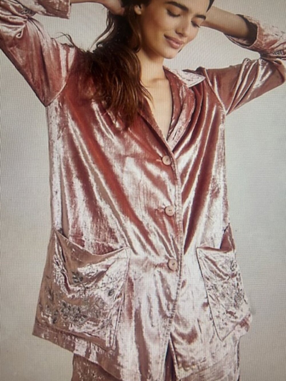 Free People x Brenda Knight Embroidered Crushed Icy Pink Velvet Sleep Top Jacket